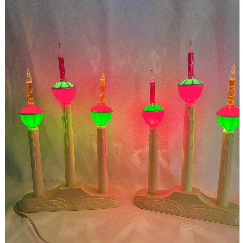 Vintage Christmas Bubble Light Candelabra Pair Red Green 3-Light
